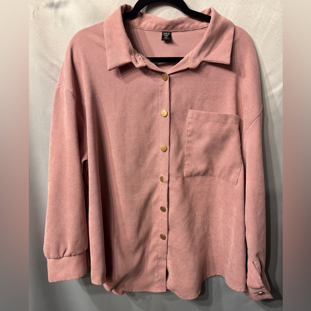 SHEIN Curve 2XL Pink corduroy with gold buttons button up also a perfect shacket